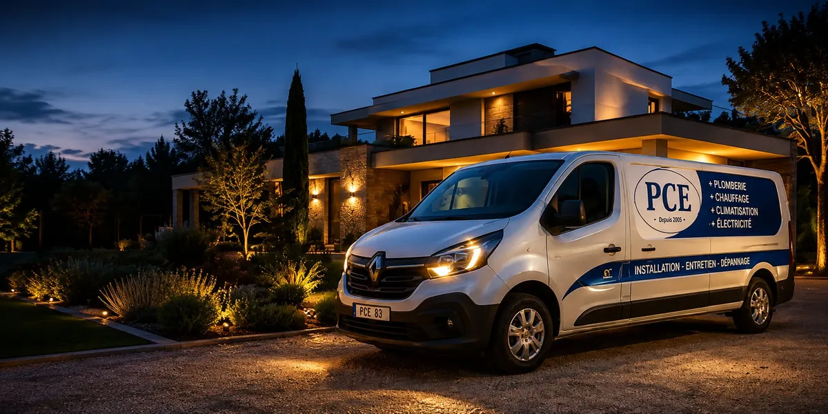 Le fourgon d'intervention PCE stationné de nuit devant une villa éclairée dans le Var