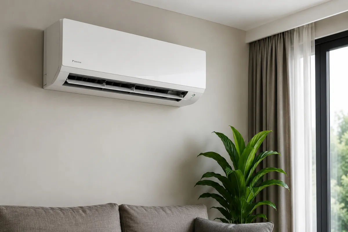 Climatisation réversible murale installée dans un séjour — chauffage en hiver, rafraîchissement en été